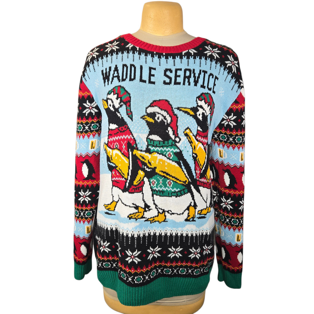 Ugly Christmas Sweater Men's XXL Waddle Service‎ Penguin Beer Fair Isle Knit
